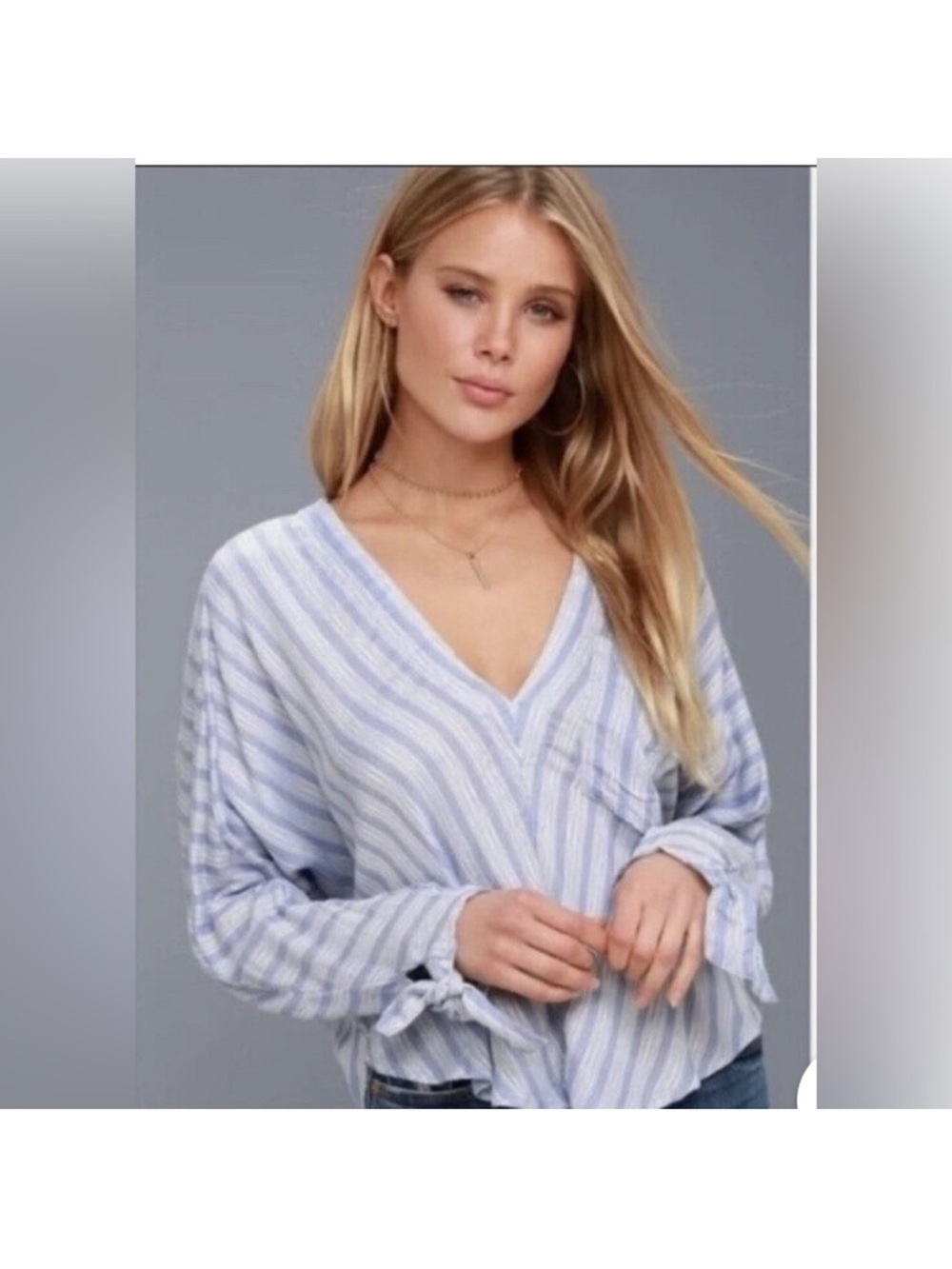 Free People Morning Striped Dolman Top Small Blue White Tie Sleeve